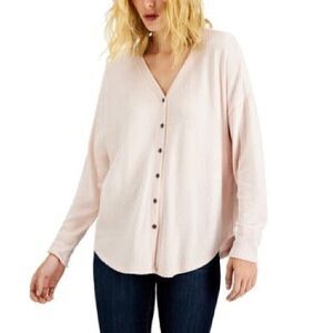 Hippie Rose Juniors’ Twist-Front Button V-Neck Top | Blush Pink |long sleeve